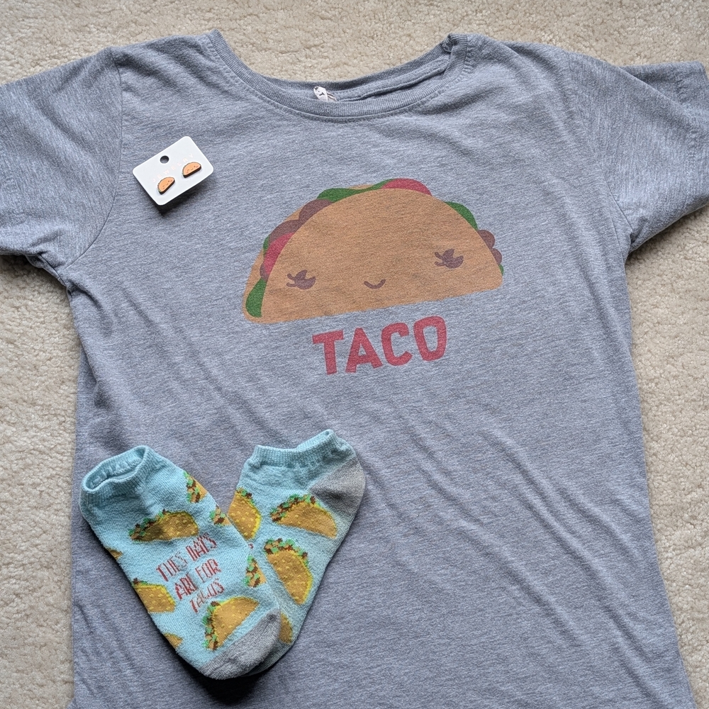 Cute Taco Tuesday Graphic Shirt Socks Earring Bundle